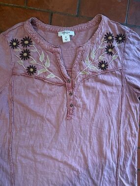 Style & Co. Dusty Rose Embroidered Long Sleeve Henley Y2K 100% cotton